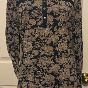 Chaps Navy and Tan Floral Henley Shirt